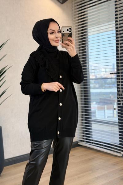 200 Sol Göğüs Volan Parça Detaylı Hırka Siyah