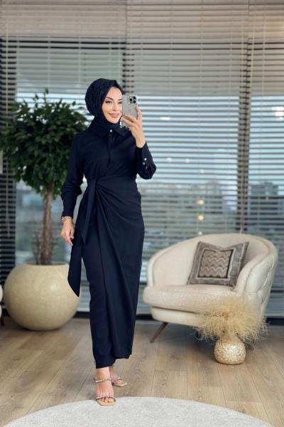 20019 Keten Yandan Bağlamalı Elbise Siyah