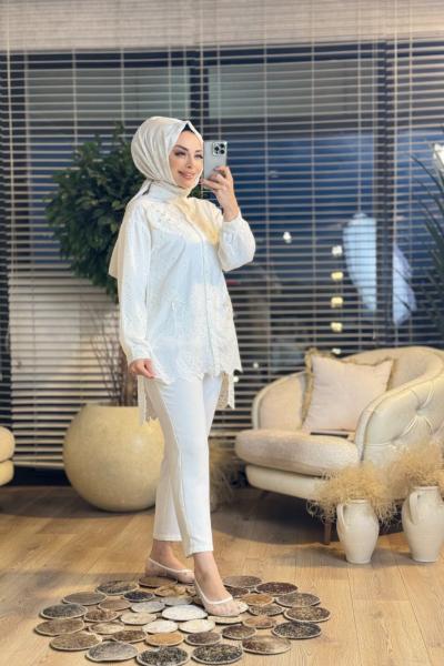 2004 Fisto Üstü Tül Çiçek Nakışlı Tunik Ekru