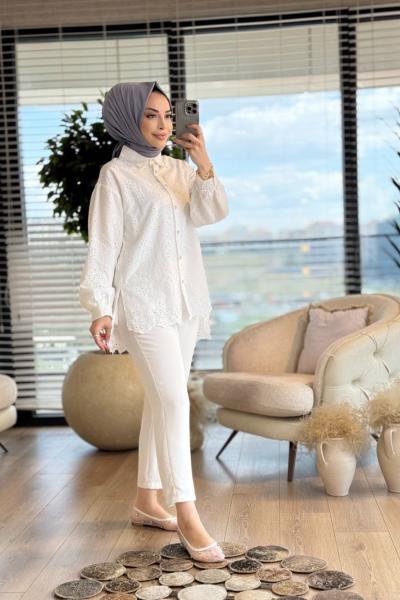 2005 Fisto Üstü Serpme Taşlı Tunik Ekru