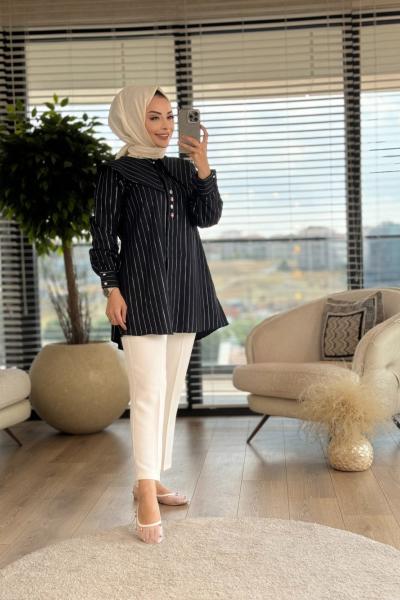 2005 Mendil Yaka Varak Çizgili Gömlek Siyah