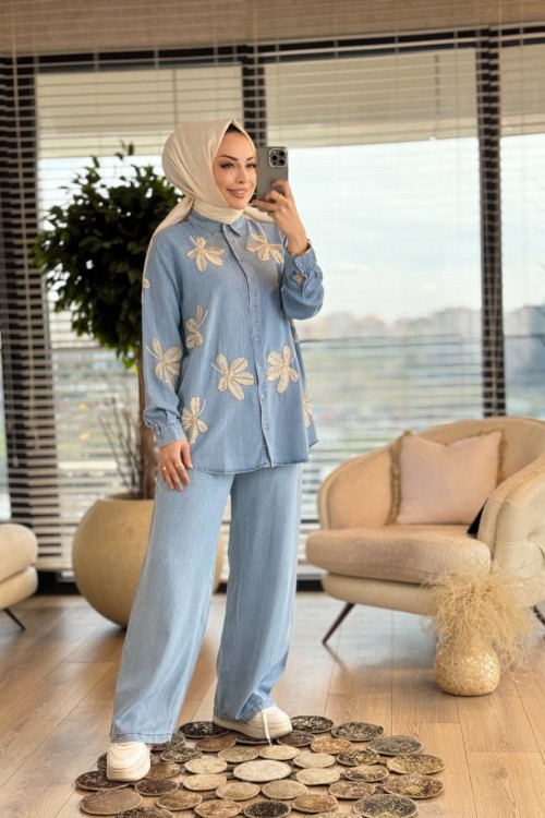 2008 Serpme Yaprak Nakışlı Tencel Gömlek Mavi