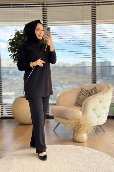 2011 Ön Verev Şerit Taş Detaylı Takım Siyah