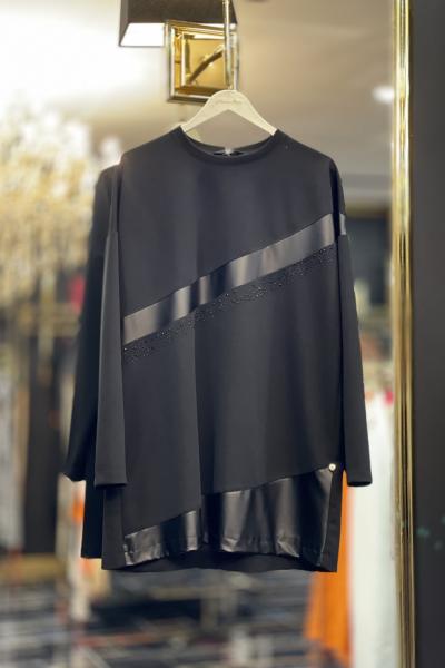 2011 Önü Deri Parça Ve Taş Baskılı Tunik Siyah