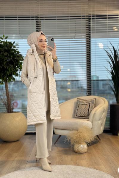 20113 Ön Ve Yakası Kürklü Şişme Yelek Bej