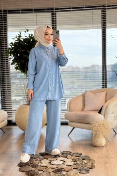 2013 Tencel Üstü Serpme Renkli Taşlı Gömlek Mavi