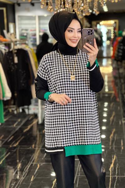 2015 Kazayağı Desen Triko Tunik Siyah Yeşil