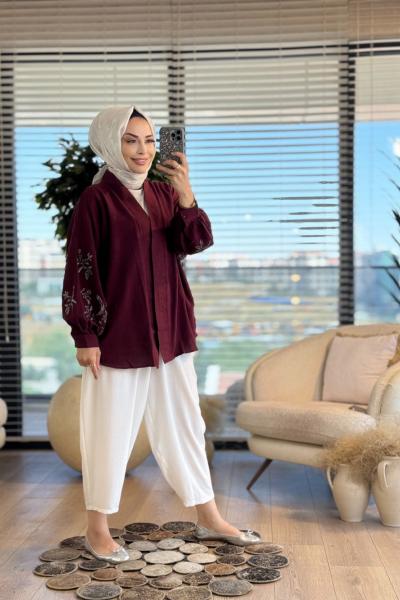 2021 Keten Kol Arka Boncuk İşleme Kap Bordo