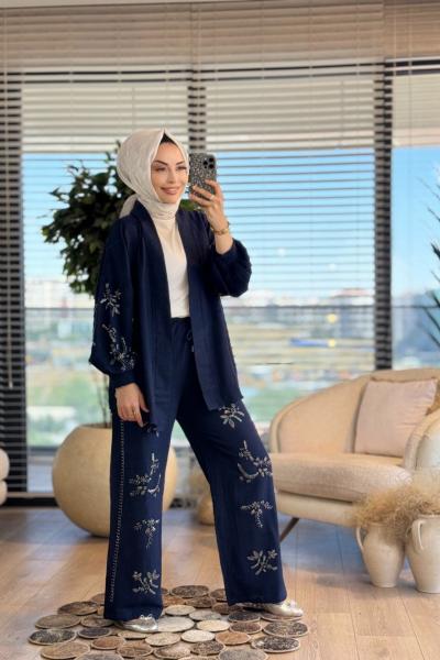 2021 Keten Kol Arka Boncuk İşleme Kap Lacivert