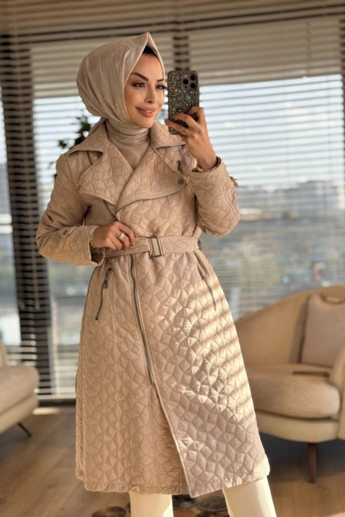 20212 Kendinden Desenli Fermuarlı Kaban Bej