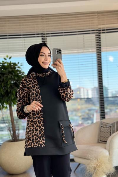 2022 Sol Kol Ve Kapşonu Leopar Tunik Siyah
