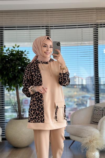 2022 Sol Kol Ve Kapşonu Leopar Tunik Bej