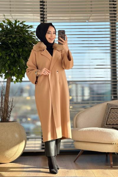 20224 Yakası Kürklü Uzun Hırka Camel