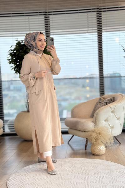 2025 Kapşonu Ve Önü File Detaylı Kap Bej