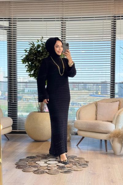 2025 Motif Örgülü Triko Elbise Siyah