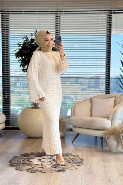 2025 Motif Örgülü Triko Elbise Bej