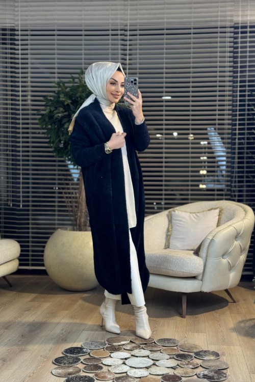2025 Saçak Uzun Hırka Siyah