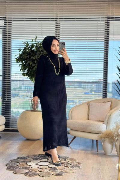 2026 Delik Örgülü Triko Elbise Siyah