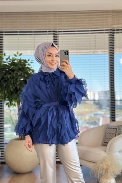 2026 Üstü Şifon Fırfır Parçalı Gömlek Lacivert