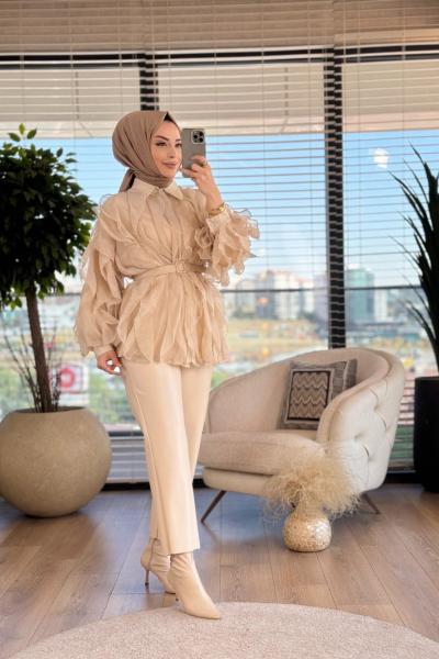 2026 Üstü Şifon Fırfır Parçalı Gömlek Taş