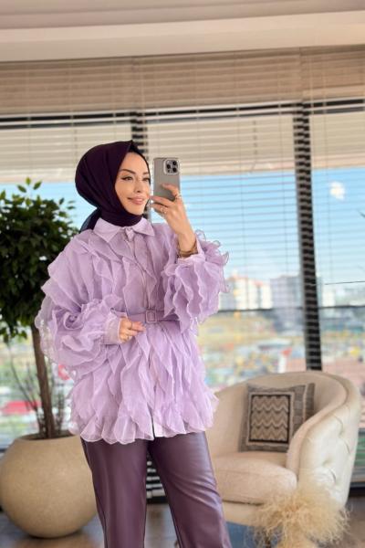 2026 Üstü Şifon Fırfır Parçalı Gömlek Lila