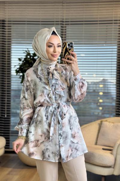 7033 Kumsal Batik Desen Tunik Haki