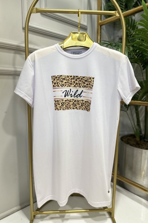 20400-13 Önü Wild Yazılı Bluz Beyaz
