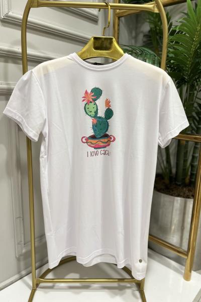 20400-14 Önü Kaktüs Desen Bluz Beyaz