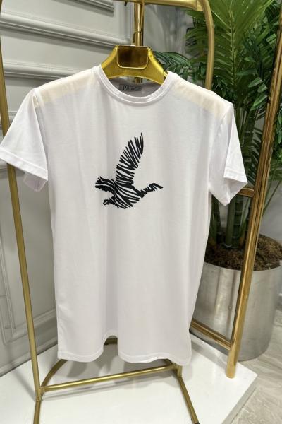 20400-5 Önü Kuş Baskılı Bluz Beyaz Siyah