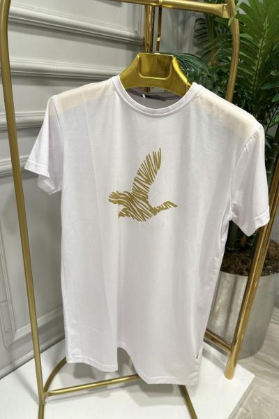 20400-5 Önü Kuş Baskılı Bluz Beyaz YağYeşili