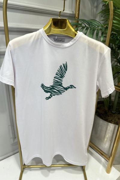 20400-5 Önü Kuş Baskılı Bluz Beyaz Zümrüt