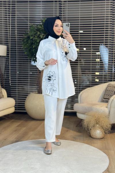 2044 Ön Karışık Çizgi Desenli Gömlek Ekru