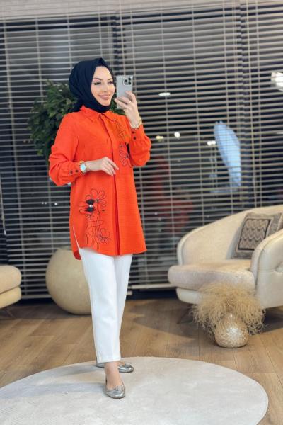 2044 Ön Karışık Çizgi Desenli Gömlek Oranj