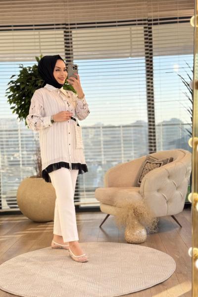 2051 Çizgili Etek Ucu Tüllü Gömlek Ekru