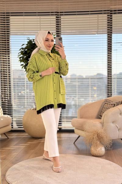 2051 Çizgili Etek Ucu Tüllü Gömlek Yağ Yeşili