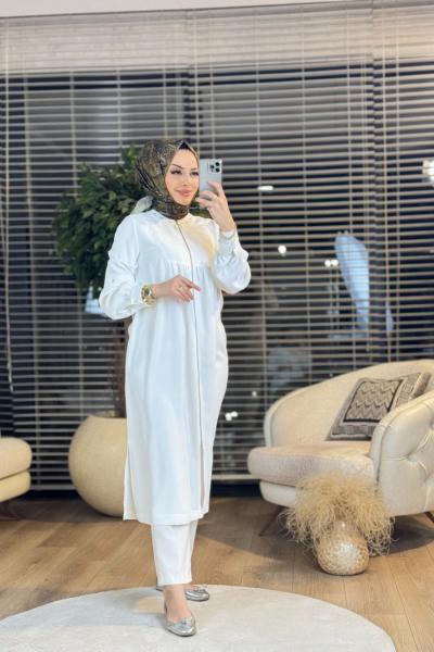 2051 Yaka Ve Kol Zımba Detaylı Kap Ekru