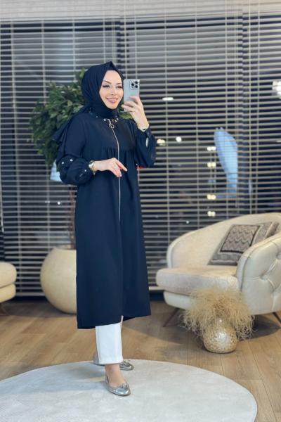 2051 Yaka Ve Kol Zımba Detaylı Kap Siyah