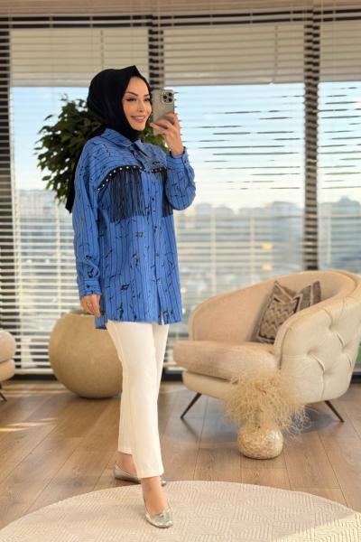 2052 Robası Taş Ve Saçak Detaylı Çizgili Gömlek Mavi