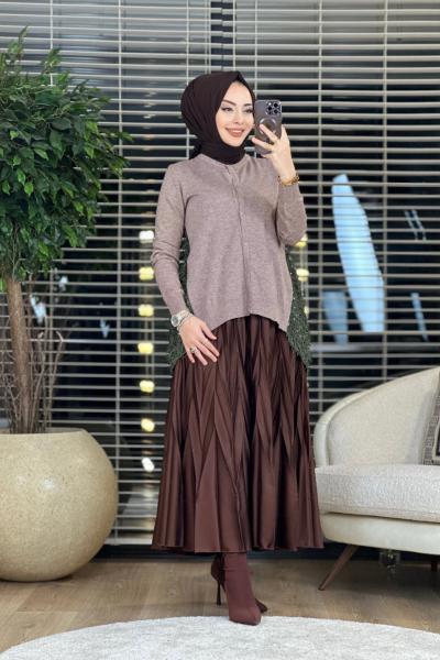 20525 Pul Payet Detaylı Düğmeli Hırka Vizon