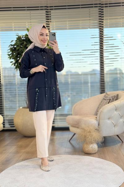 2054 Önü Taş Kemerli Gömlek Siyah