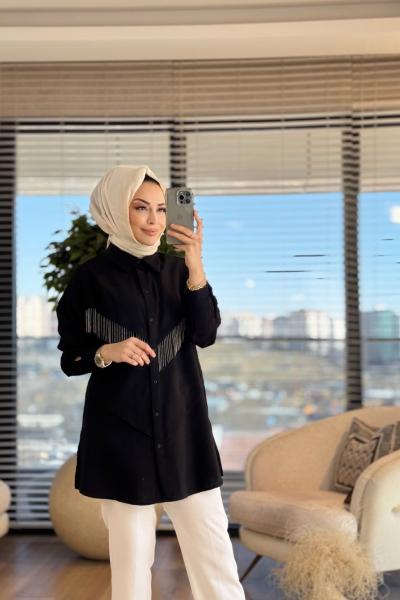 2055 Ön V Zincir Ve Parça Detaylı Gömlek Siyah