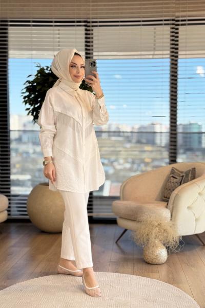 2055 Ön V Zincir Ve Parça Detaylı Gömlek Ekru