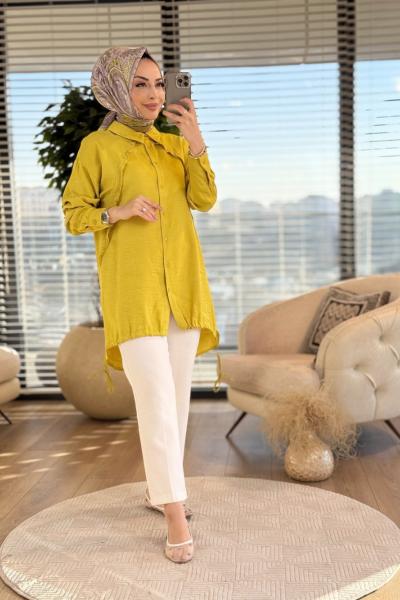 2056 Ön Verev Parça Üstü Zımbalı Gömlek Yağ Yeşili