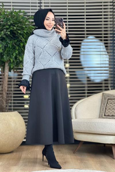 20565 Degaje Yaka Detay Simli Kazak Gri