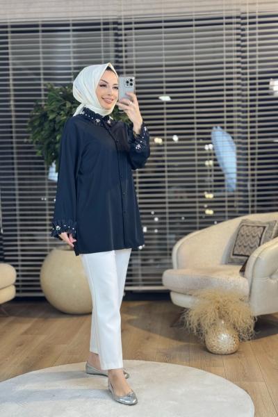 2058 Yaka Manşet Fırfır Taş Detaylı Gömlek Siyah