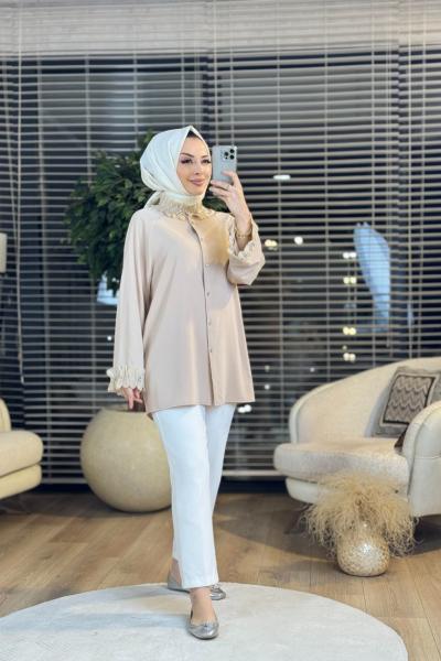 2058 Yaka Manşet Fırfır Taş Detaylı Gömlek Bej