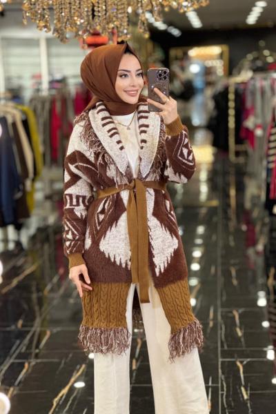 20584 Püskül Detaylı Uzun Hırka Taba