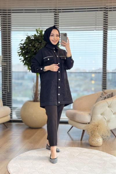 2059 Omuz Cep Ve Etek Ucu Dantelli Gömlek Siyah