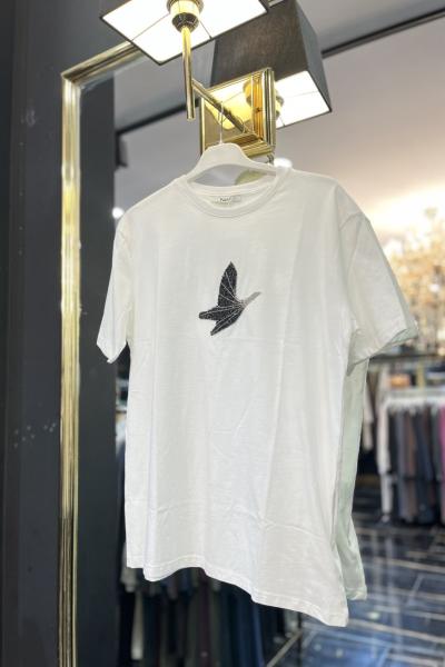 2059 Ön Kuş Nakışlı Kısa Kol Bluz Ekru