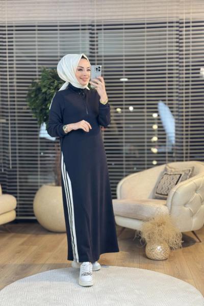 20600 Sol Taraf Çizgi Ribanalı Elbise Siyah